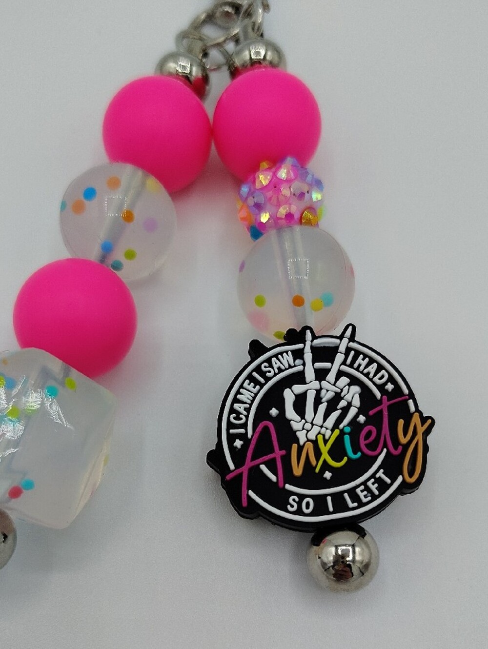 Handcrafted Anxiety Pink Beaded Keychain/Bag Charm - Picture 2 of 3